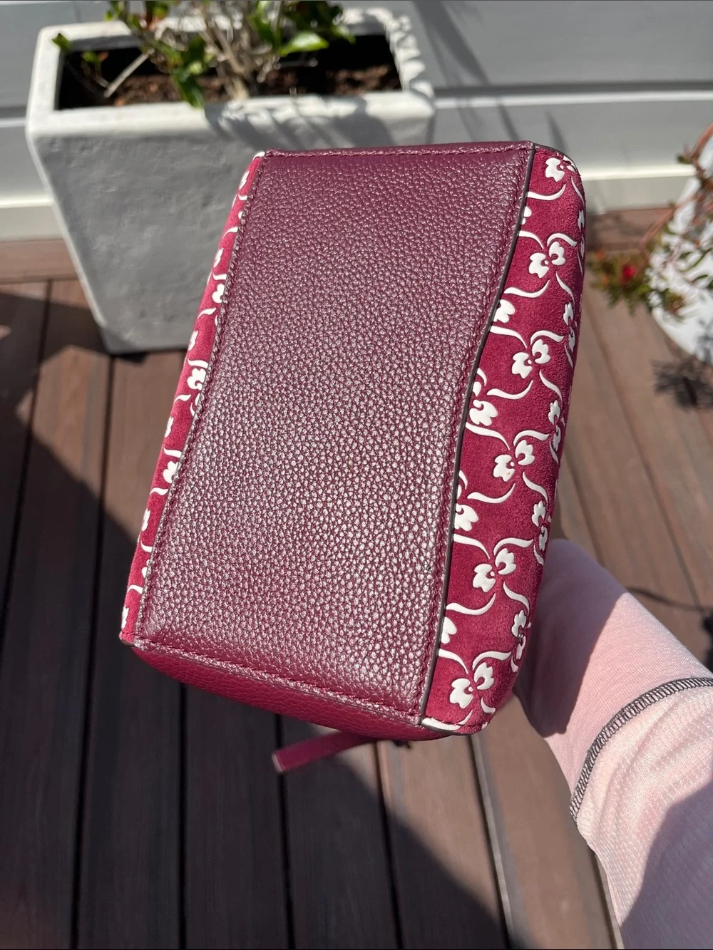 Brand new Tory Burch Burgundy and White Monogram Jacquard Bucket Crossbody